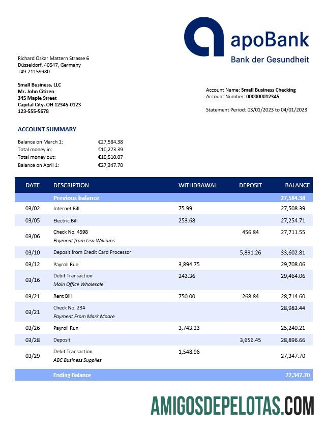 Baixável Apobank Enterprise modelo de extrato de conta Word e PDF